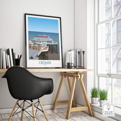 Cromer Norfolk Wall Art – Historic Seaside Pier Art Print displayed in a stylish office setting with a modern chair.