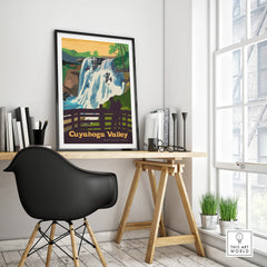 Cuyahoga Valley National Park framed travel poster on modern office desk with black chair
