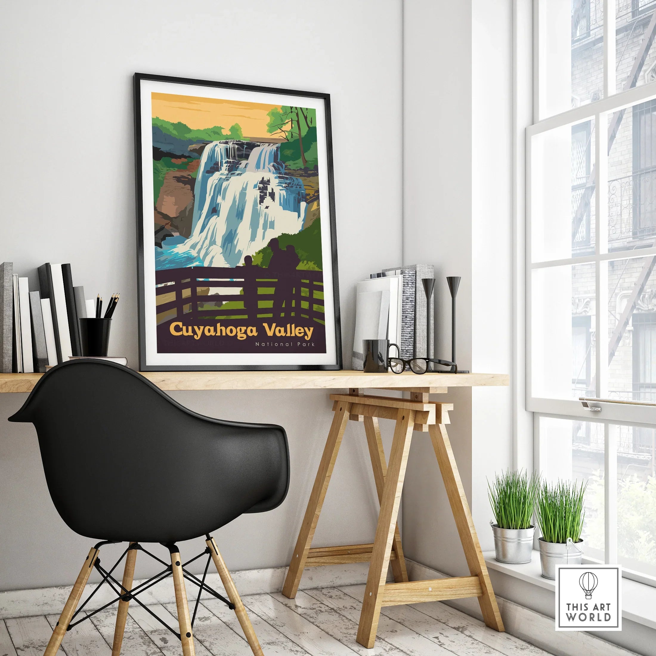 Cuyahoga Valley National Park framed travel poster on modern office desk with black chair