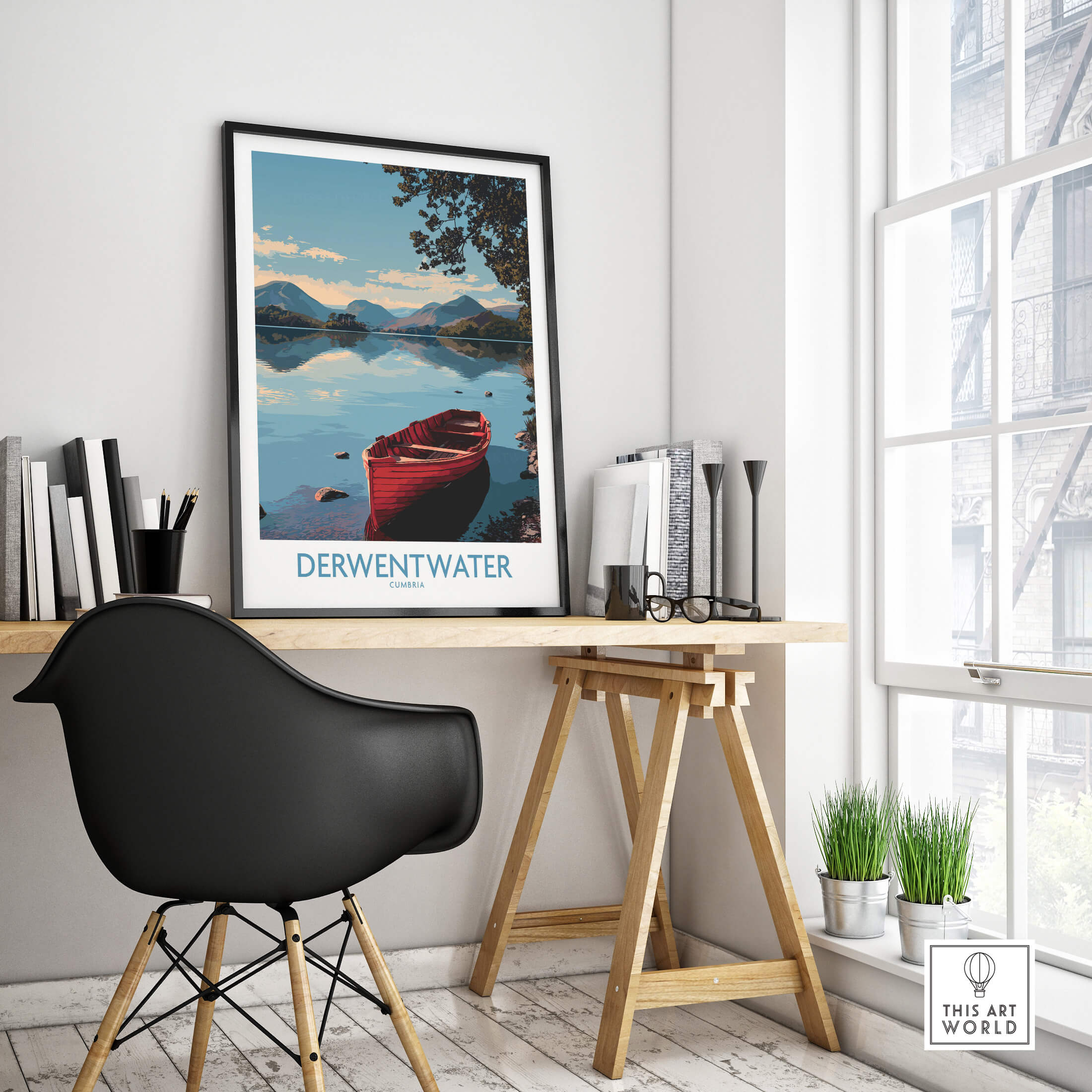 Derwentwater Cumbria Wall Art – Mountain Lake Landscape Print displayed in a modern workspace with a scenic view.