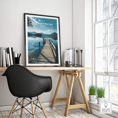 Derwentwater Travel Poster – Lake District Canvas Print displayed in a stylish home office setting.