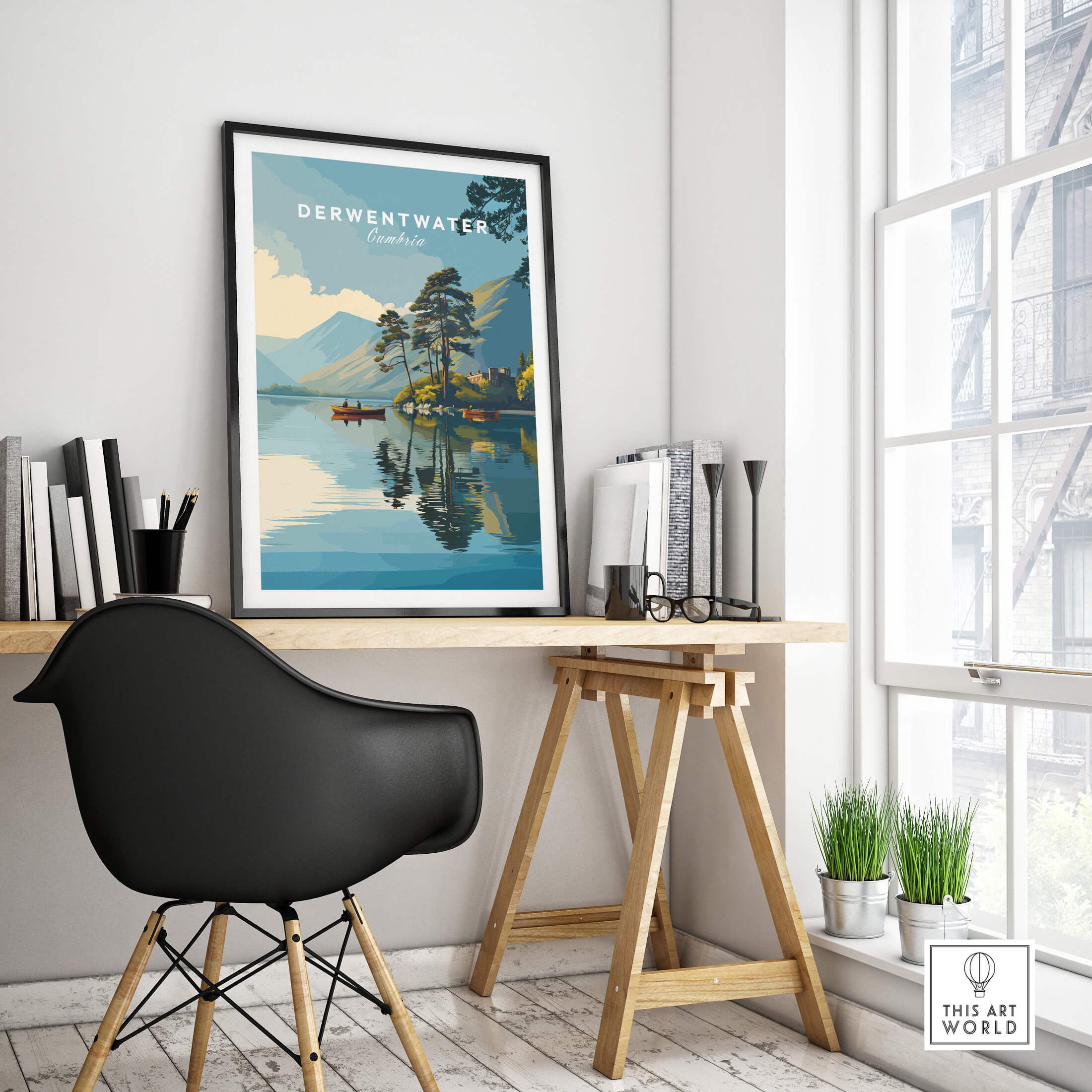 Derwentwater Print – Lake District Sunset Poster displayed in a bright modern workspace with a scenic view.