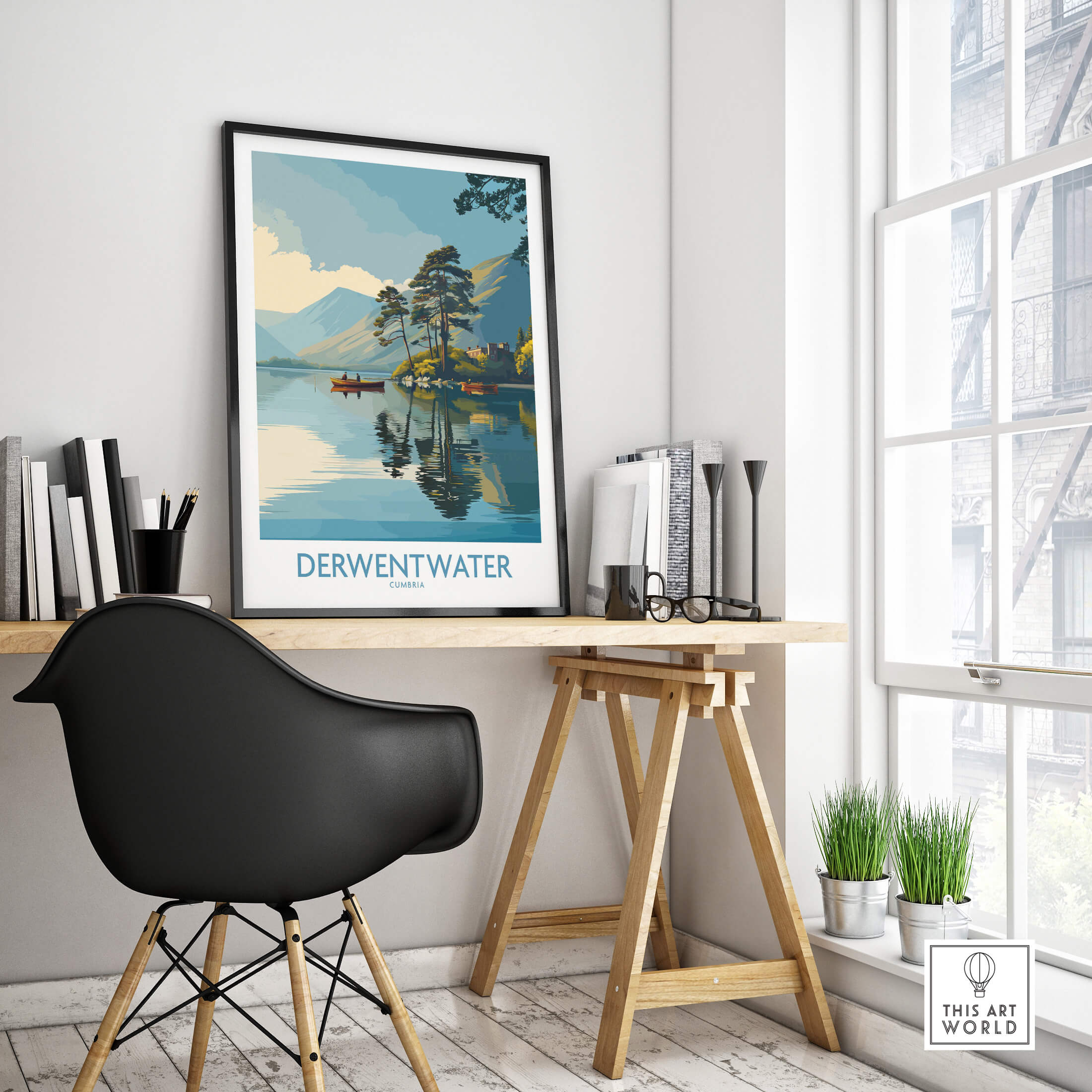 Derwentwater Cumbria Wall Art – Canvas Print displayed in a modern home office setting with stylish decor.
