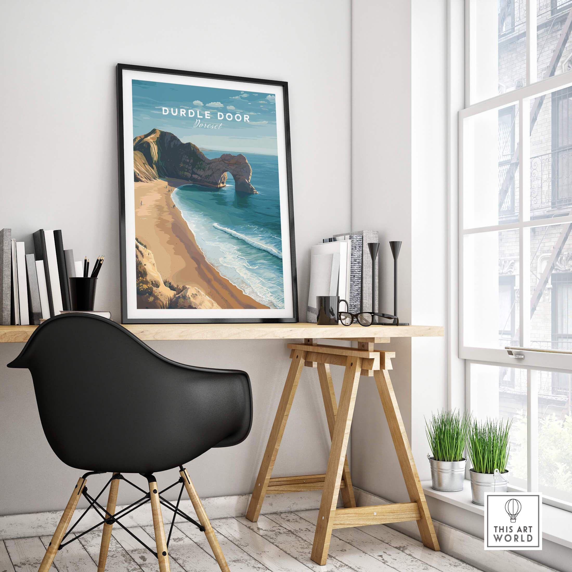 Durdle Door Poster – Jurassic Coast Wall Art framed on a wall in a modern workspace with coastal decor.