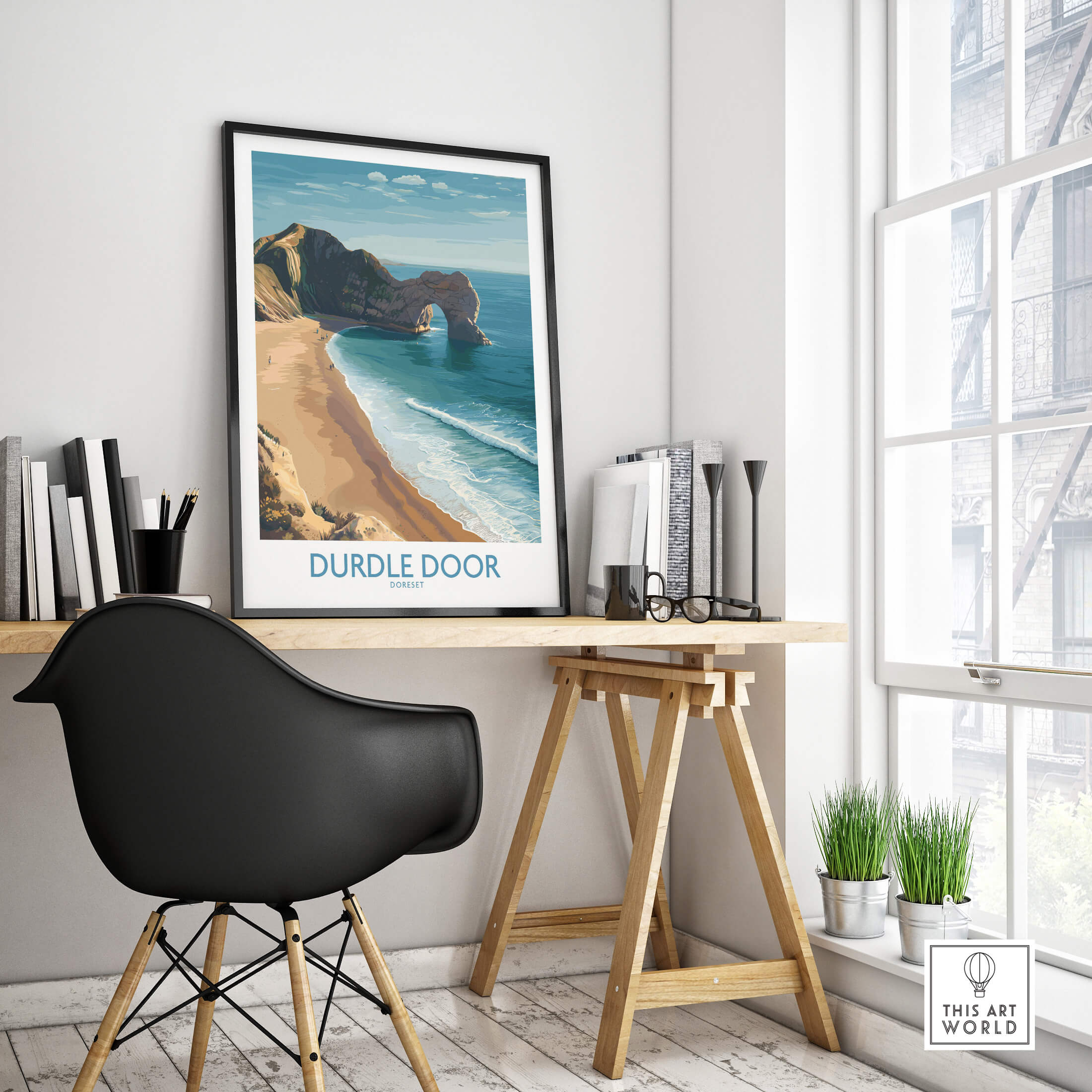 Durdle Door Art Print Dorset Wall Art showcased in an elegant interior with modern decor and natural lighting.