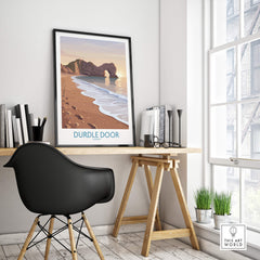 Durdle Door Dorset Wall Art – Canvas Poster displayed in a stylish interior with beach theme.