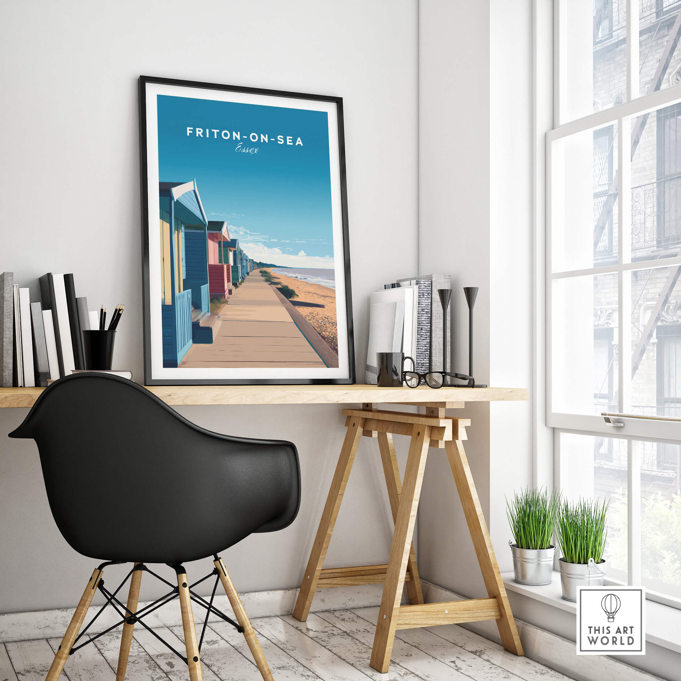 Frinton-on-Sea Travel Poster – Essex Coastline Beach Huts & Prom Art displayed in a modern interior setting.