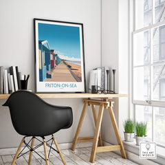 Frinton-on-Sea England Wall Art – Colorful Seaside Beach Hut Decor Print displayed in a stylish interior setting.