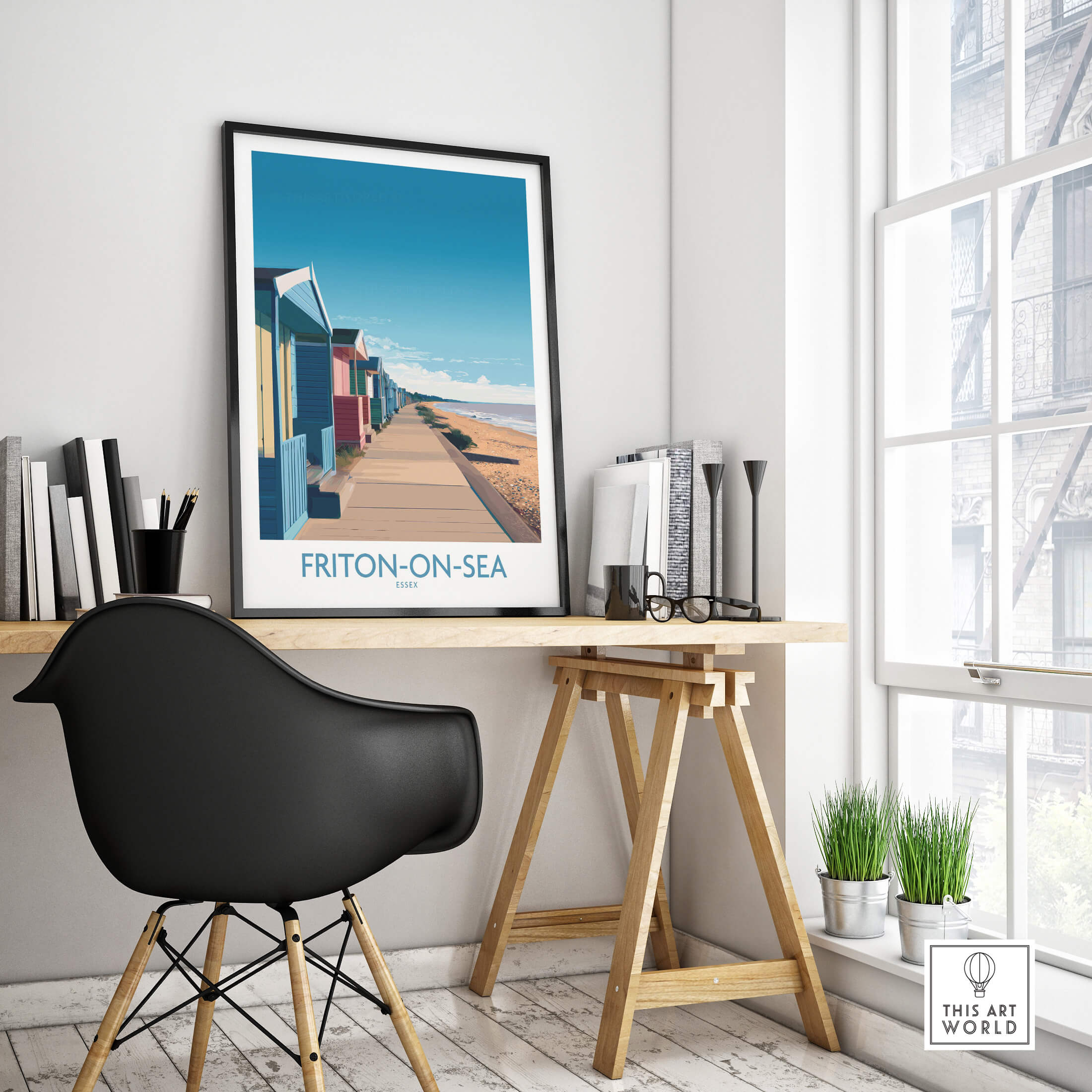 Frinton-on-Sea England Wall Art – Colorful Seaside Beach Hut Decor Print displayed in a stylish interior setting.