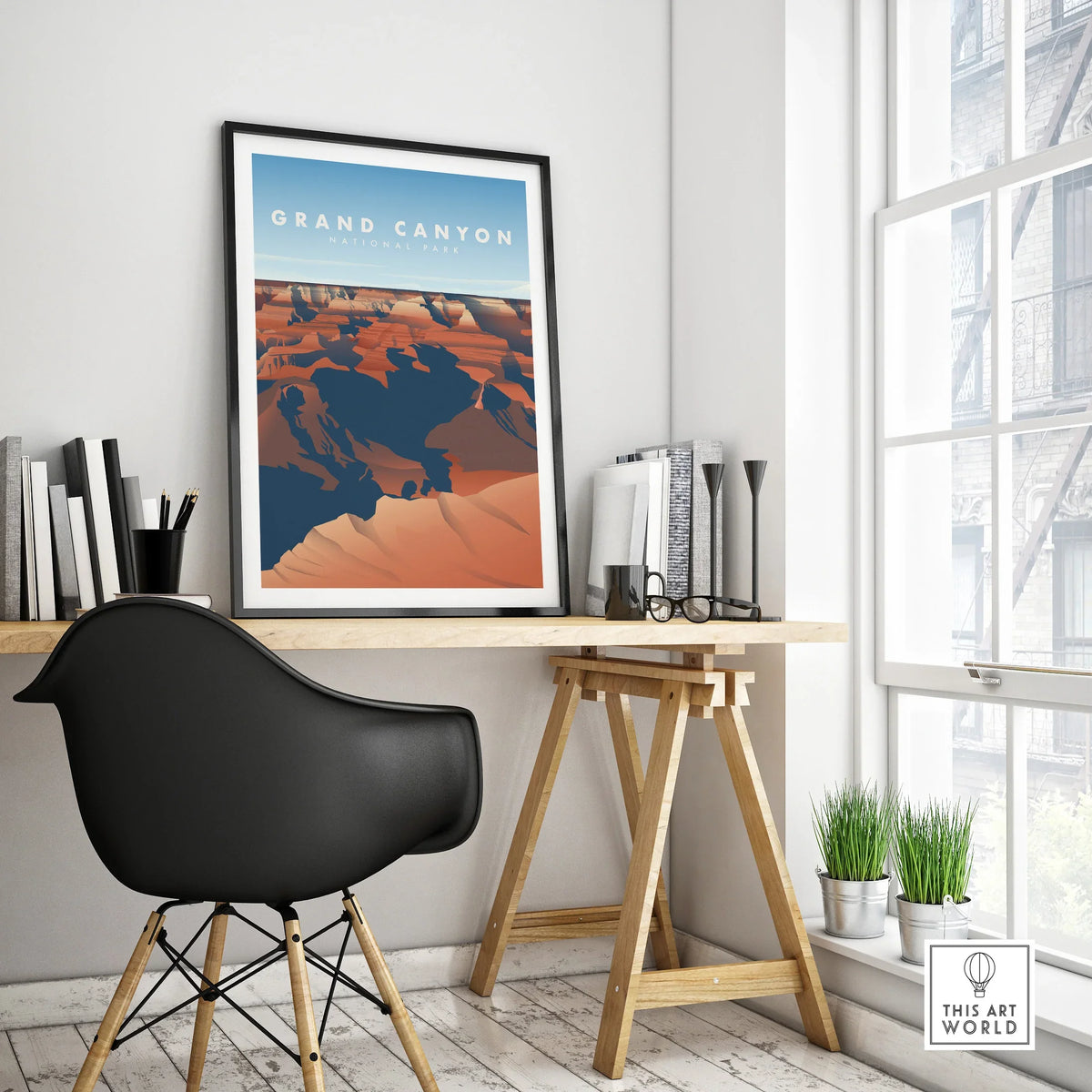 Grand Canyon National Park poster in black frame on modern office desk with chair