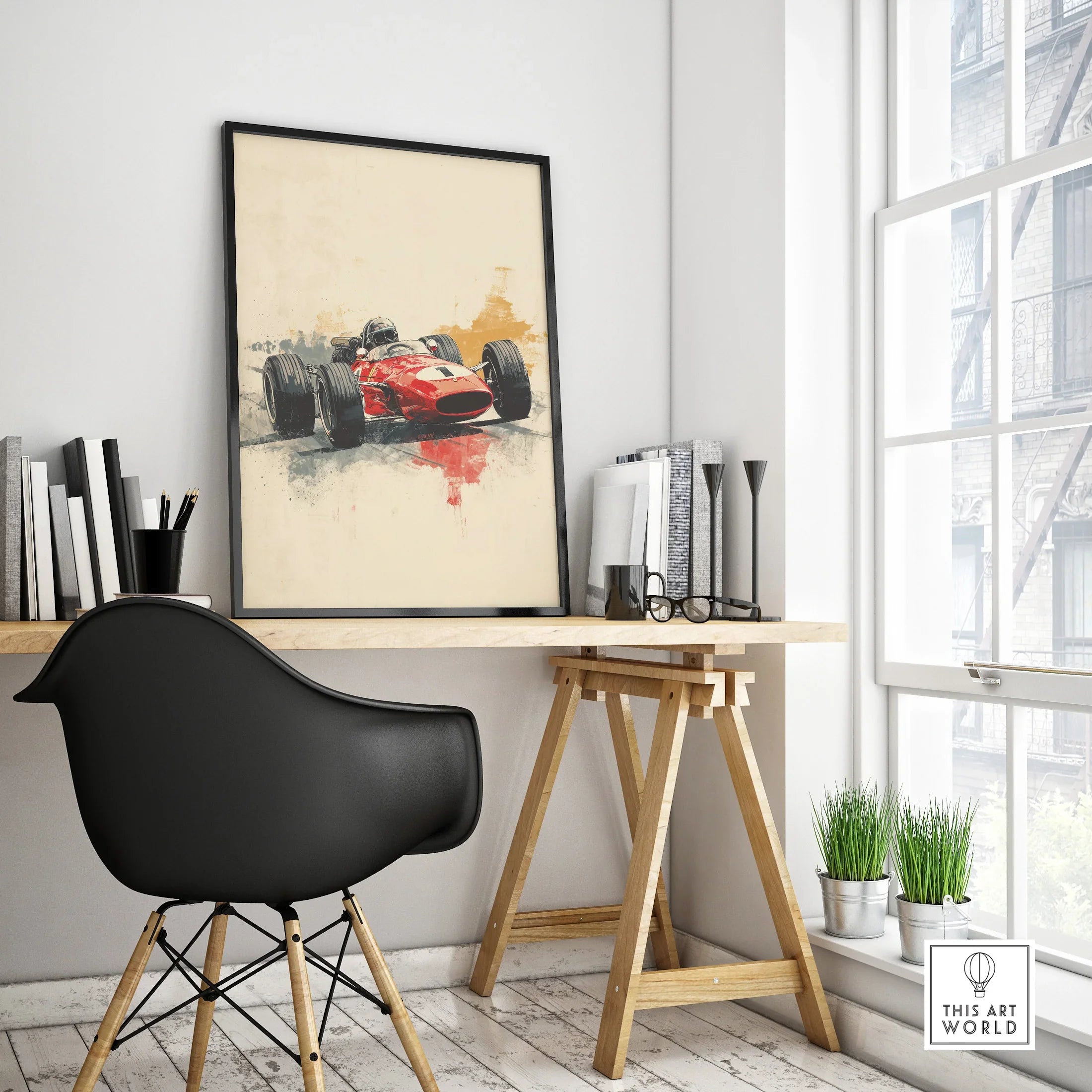 Framed vintage race car poster on modern office desk, minimalist home decor with urban view