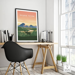 Framed Grand Teton National Park travel poster on modern office desk, natural light decor