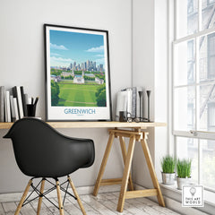 Greenwich London city skyline art print with black frame on modern office desk
