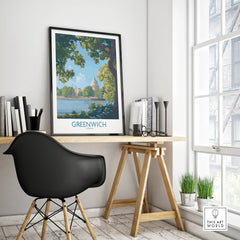 Framed Greenwich travel poster on modern office desk, city skyline wall art decor