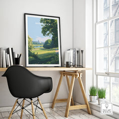 Greenwich travel poster in black frame on stylish home office desk, modern city wall art decor