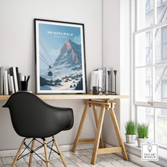 Grindelwald Switzerland Wall Art Print | Alpine Cable Car Travel Posters showcased in a modern workspace.