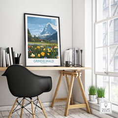 Grindelwald Switzerland Canvas Print | Scenic Swiss Village Landscape Poster displayed in a stylish modern workspace.