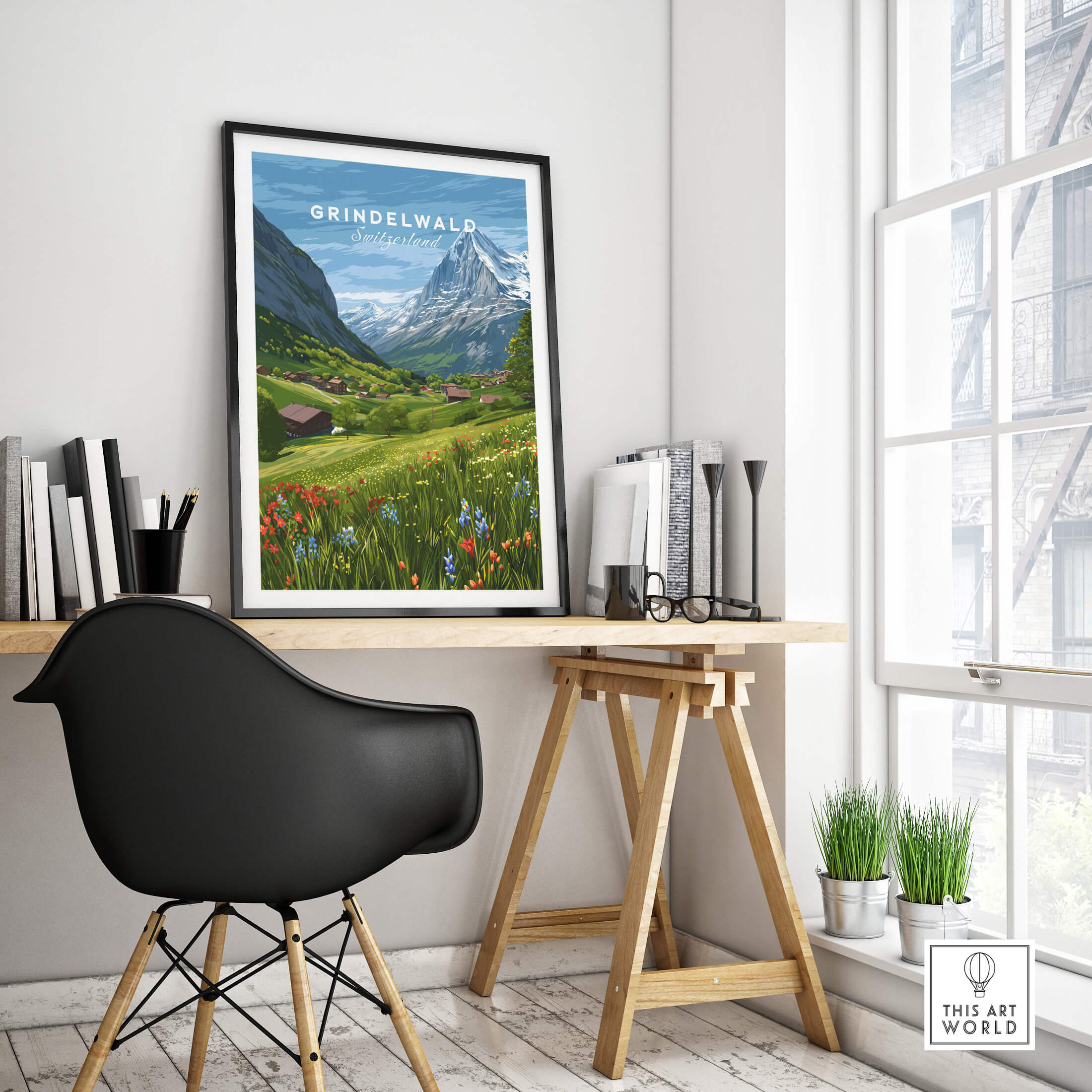 Grindelwald Switzerland Wall Art Print | Summer Alps Nature Travel Posters displayed in a modern office setting.