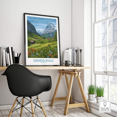 Grindelwald Switzerland Posters | Lush Green Mountain Valley Canvas Print displayed in a modern workspace.