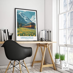 Grindelwald Switzerland Canvas Print | Swiss Alps Train Railway Scene Poster displayed in a modern home office.