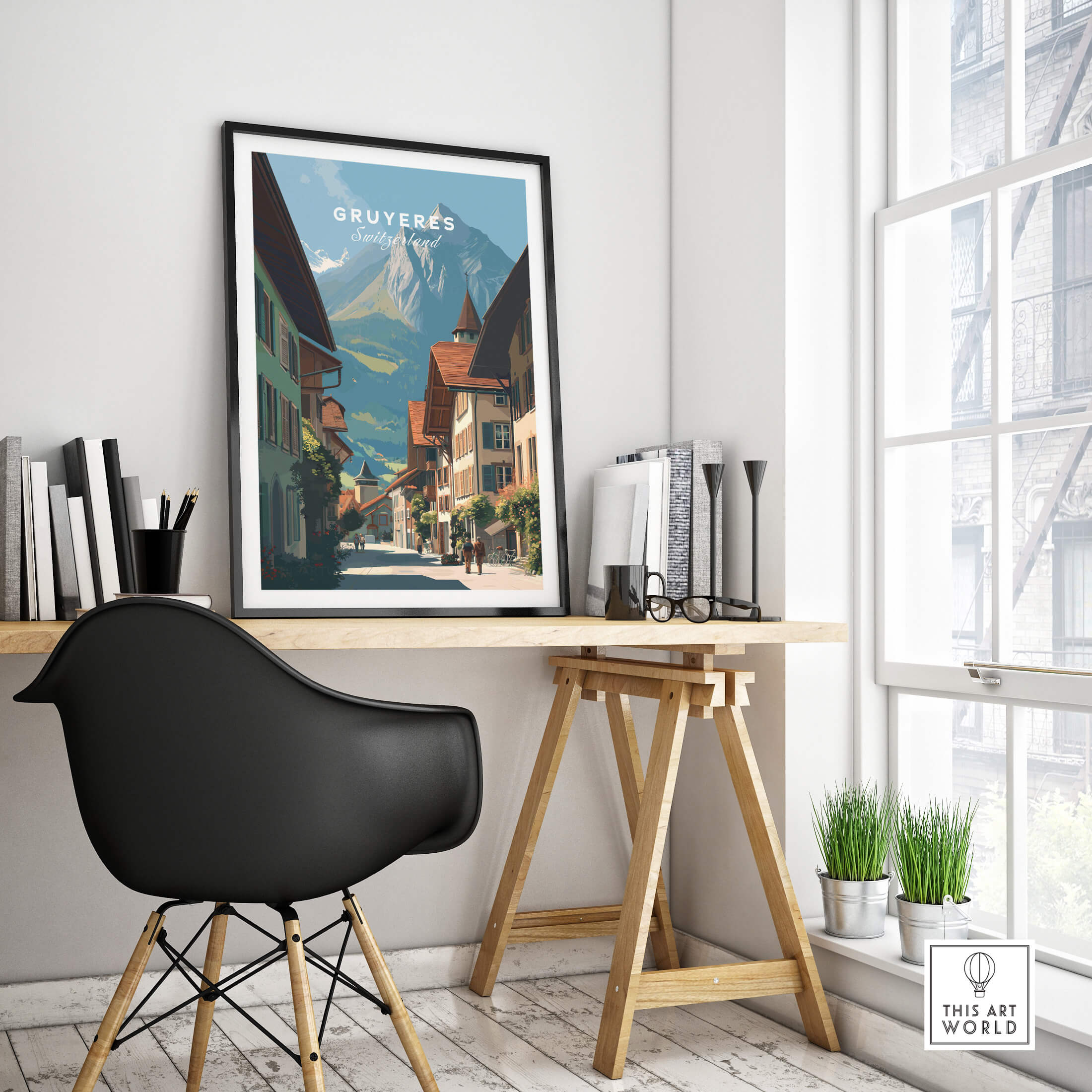 Gruyères Switzerland Wall Art Print | Medieval Village Street Travel Poster displayed in a modern interior with desk and chair.