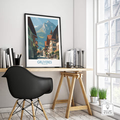 Gruyères Switzerland Poster | Historic European Town Architecture Canvas Print displayed in a stylish room setting.