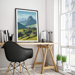 Gruyères Switzerland Travel Poster | Mountain Landscape Wall Art Print displayed in a stylish home office setting.