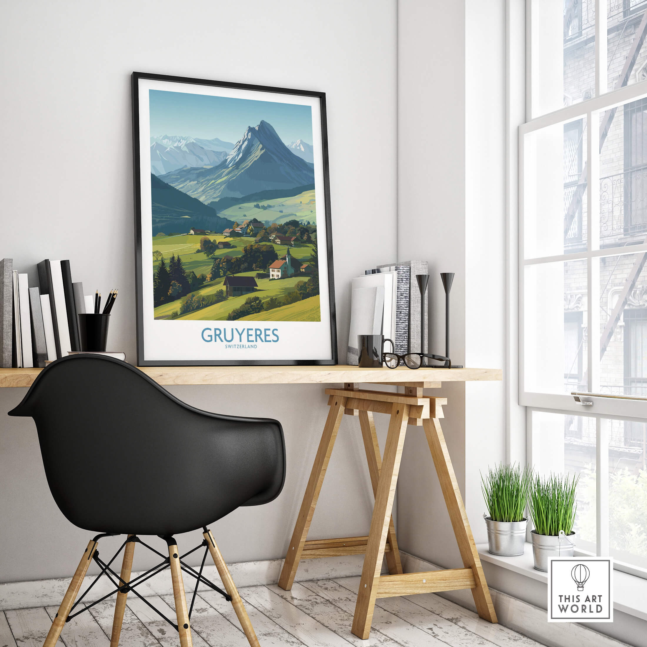 Gruyères Switzerland Canvas Print | Charming Swiss Countryside Scenery Poster displayed in a modern home office with natural light.