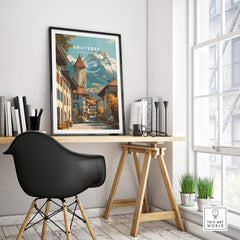 Gruyères Switzerland Wall Art Print | Swiss Travel Poster displayed in a modern interior with a stylish desk and decor.
