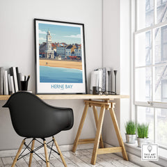 Herne Bay Kent Canvas Print Poster displayed in a stylish interior with a view of the beach and pier.