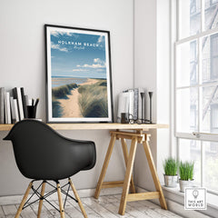 Holkham Beach Norfolk Wall Art Print | Coastal Sand Dunes Travel Poster displayed in a stylish indoor workspace.