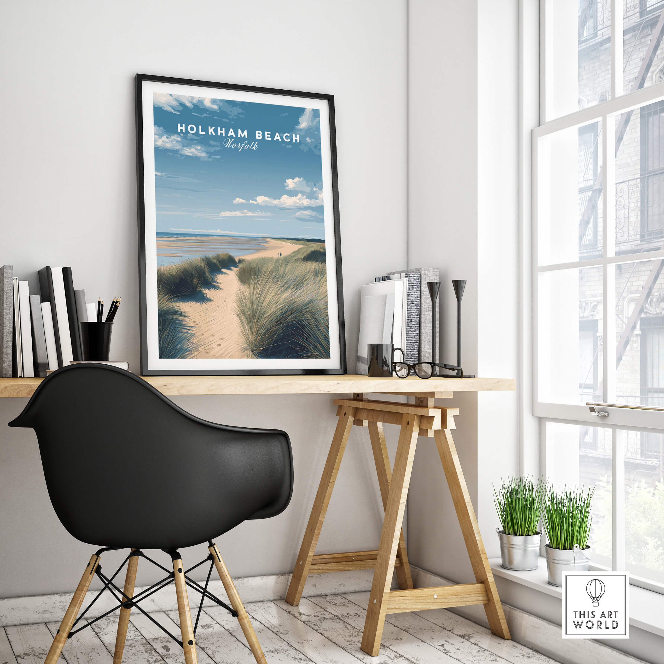 Holkham Beach Norfolk Wall Art Print | Coastal Sand Dunes Travel Poster displayed in a stylish indoor workspace.