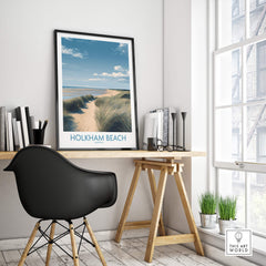 Holkham Beach Norfolk Poster | North Norfolk Shoreline Nature Canvas Print displayed in a modern interior.
