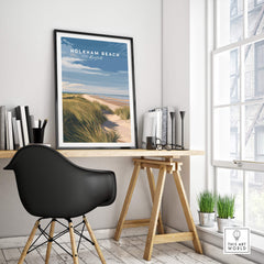 Holkham Beach Norfolk Travel Poster | Serene Beach Pathway Wall Art Print displayed in a modern workspace with a desk.