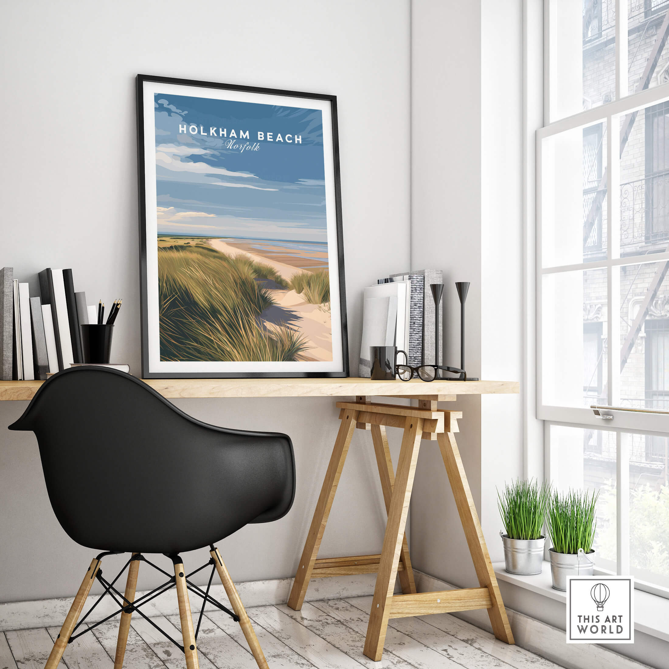 Holkham Beach Norfolk Travel Poster | Serene Beach Pathway Wall Art Print displayed in a modern workspace with a desk.