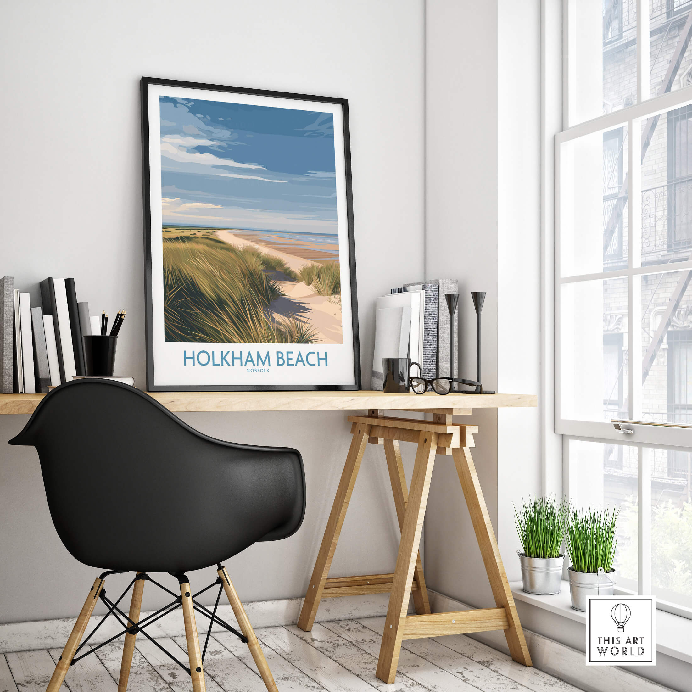 Holkham Beach Norfolk Canvas Print | Minimalist British Seaside Landscape Poster displayed in a modern interior setting.
