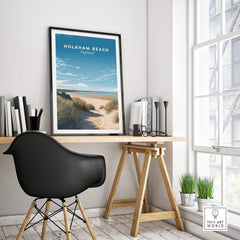 Holkham Beach Norfolk Wall Art Print | British Beach Travel Poster displayed in a modern home office setting.