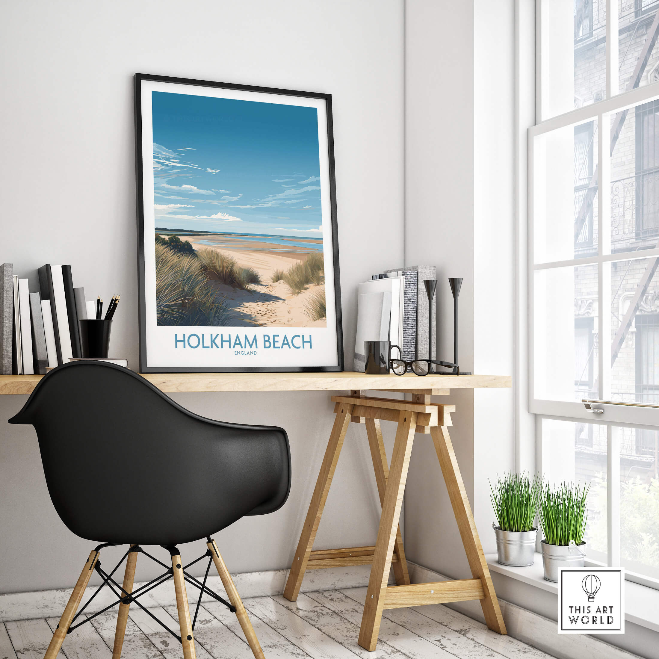 Holkham Beach Norfolk Poster | Serene Coastal Landscape Canvas Print displayed in a stylish modern workspace.