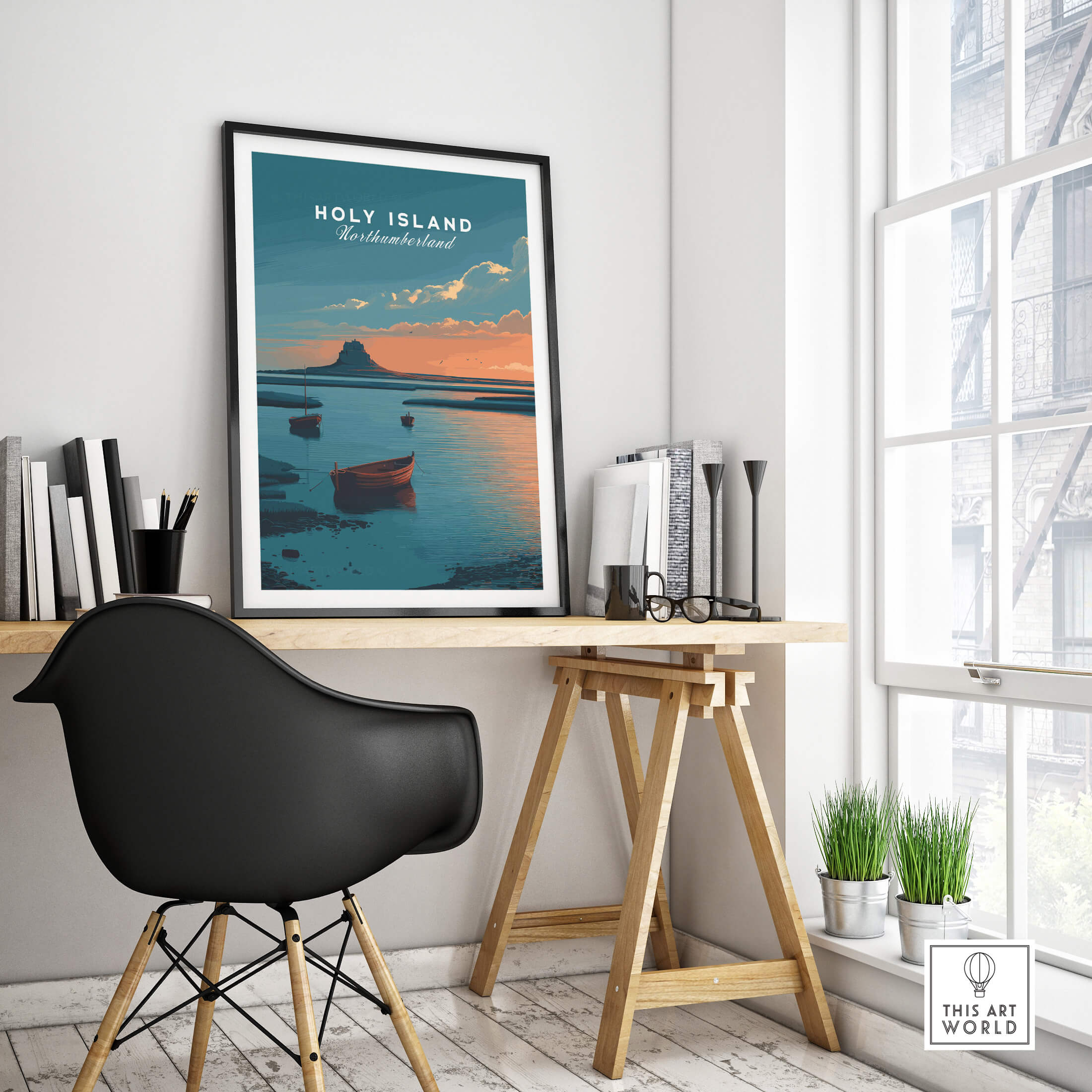 Holy Island Northumberland Wall Art Print | Lindisfarne Sunset Travel Poster in a modern workspace setting.