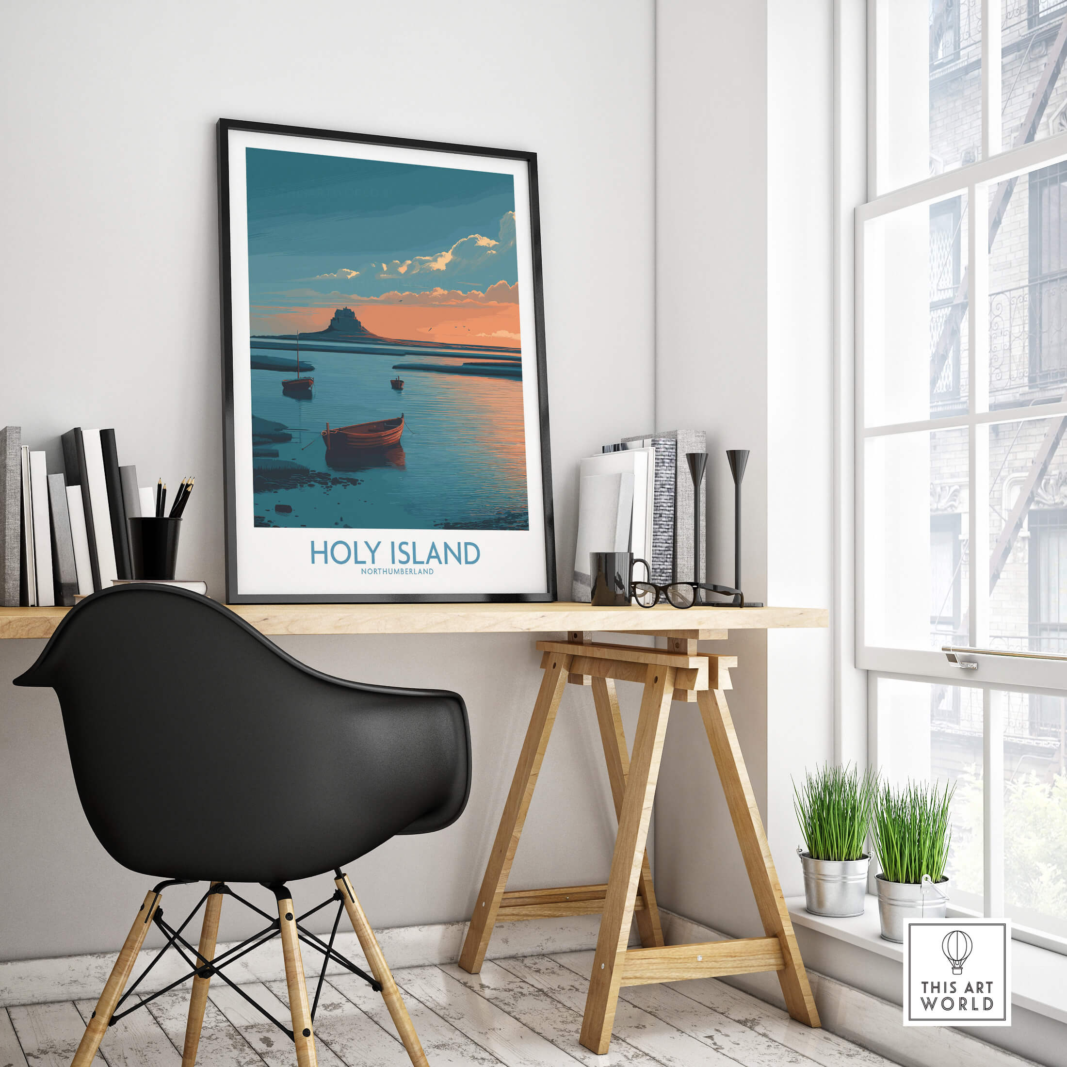 Holy Island Northumberland Poster | Coastal Castle Sunset Canvas Print displayed in a modern workspace.