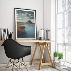 Holy Island Northumberland Travel Poster | Lindisfarne Castle Wall Art Print displayed in a modern office setting.