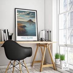 Holy Island Northumberland Poster | Historic England Coast Canvas Print displayed in a modern office setting.