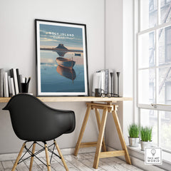 Holy Island Northumberland Wall Art Print | Serene Boat Scene Travel Poster in a stylish interior setting.