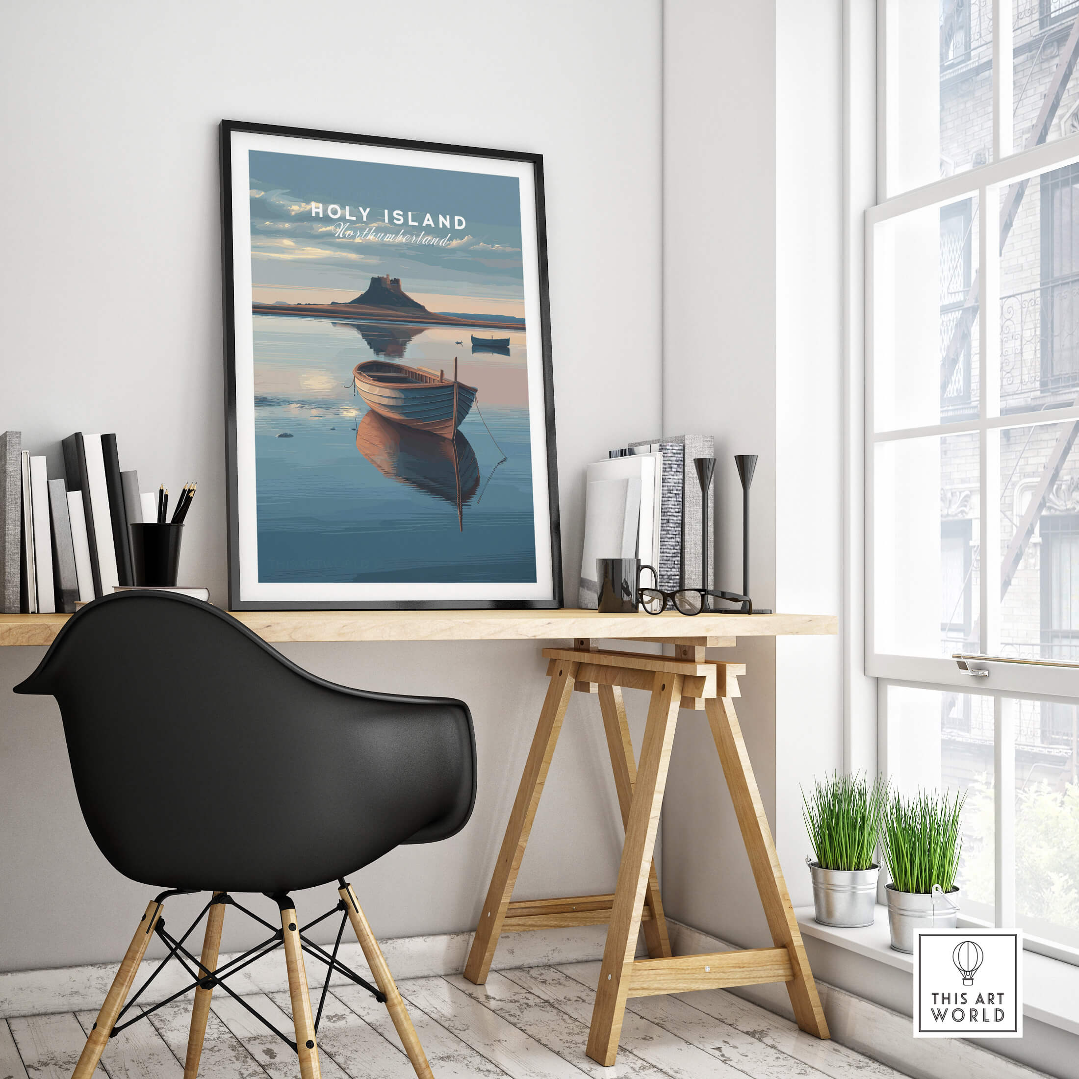 Holy Island Northumberland Wall Art Print | Serene Boat Scene Travel Poster in a stylish interior setting.