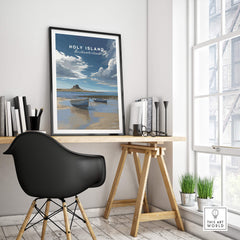 Holy Island Travel Poster Northumberland | Coastal Landscape Wall Art Print featuring a scenic view and tranquil colors.