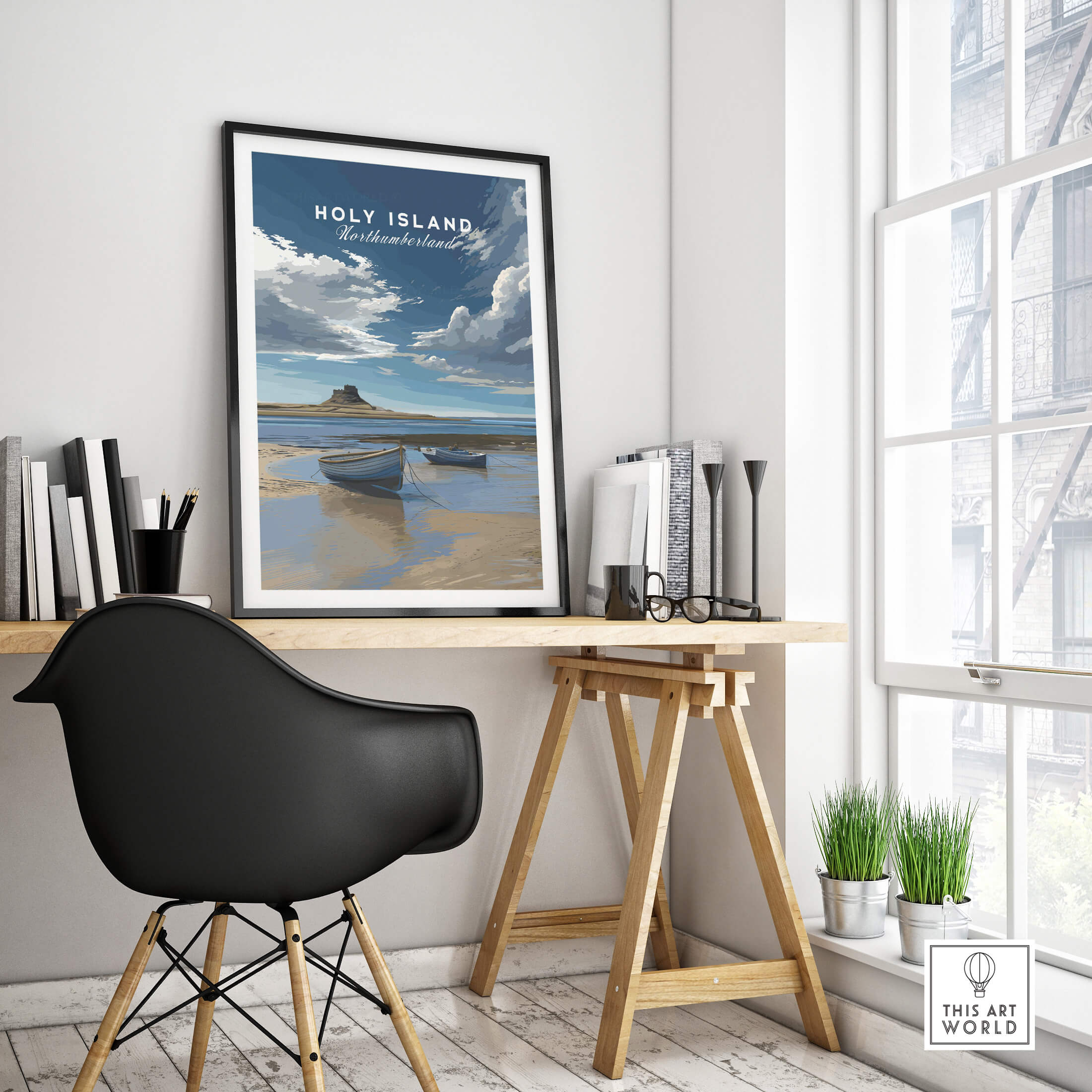 Holy Island Travel Poster Northumberland | Coastal Landscape Wall Art Print featuring a scenic view and tranquil colors.