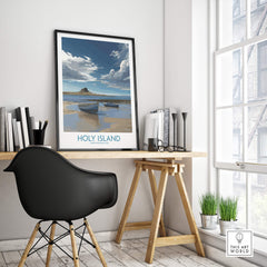 Holy Island Northumberland Poster | North Sea Coast Canvas Print displayed in a modern interior setting with a stylish desk.