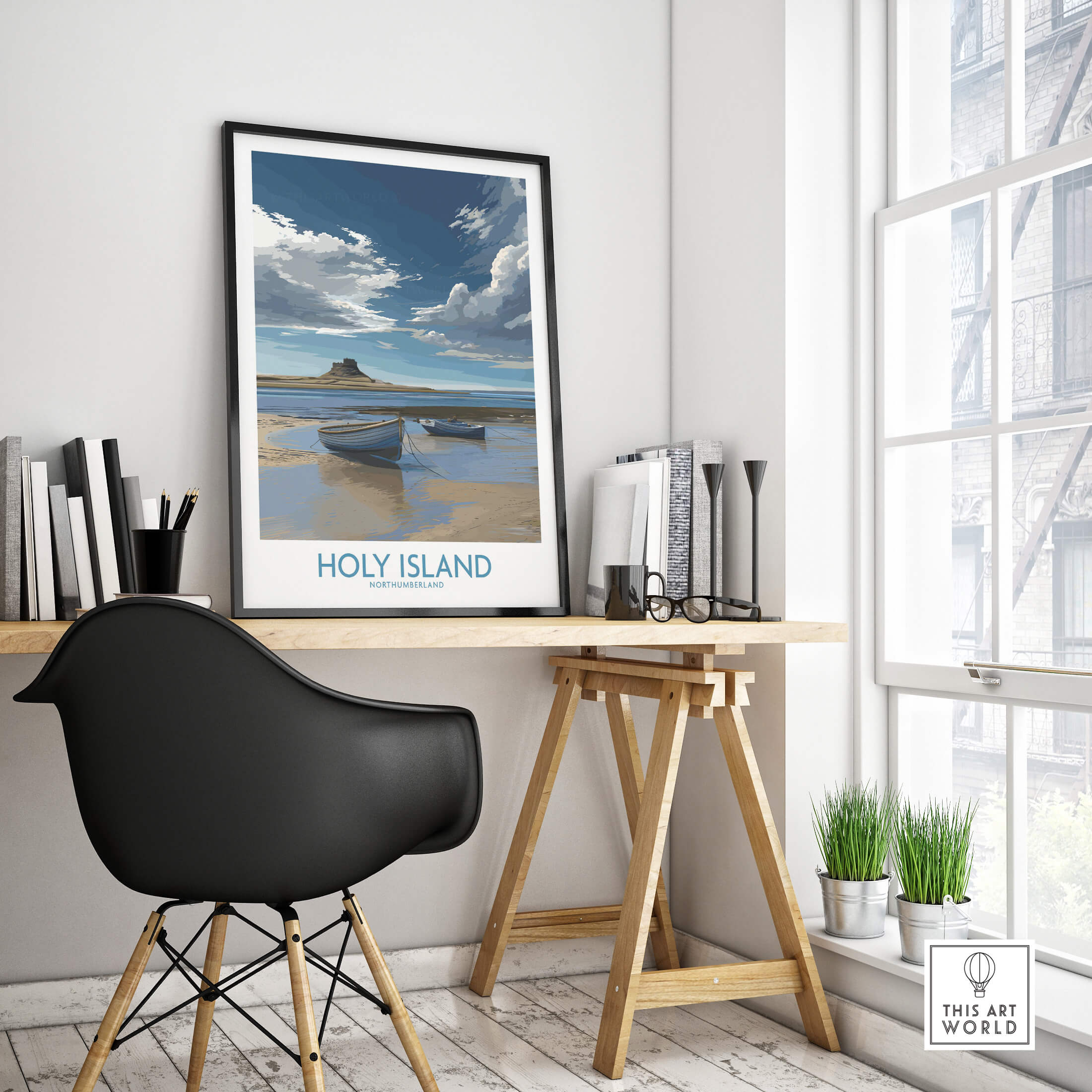 Holy Island Northumberland Poster | North Sea Coast Canvas Print displayed in a modern interior setting with a stylish desk.