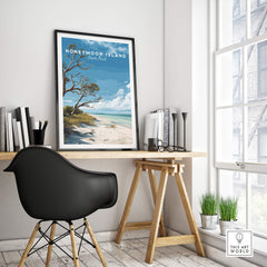 Honeymoon Island Wall Art Print | Florida Tropical Beach Travel Poster displayed in modern workspace.