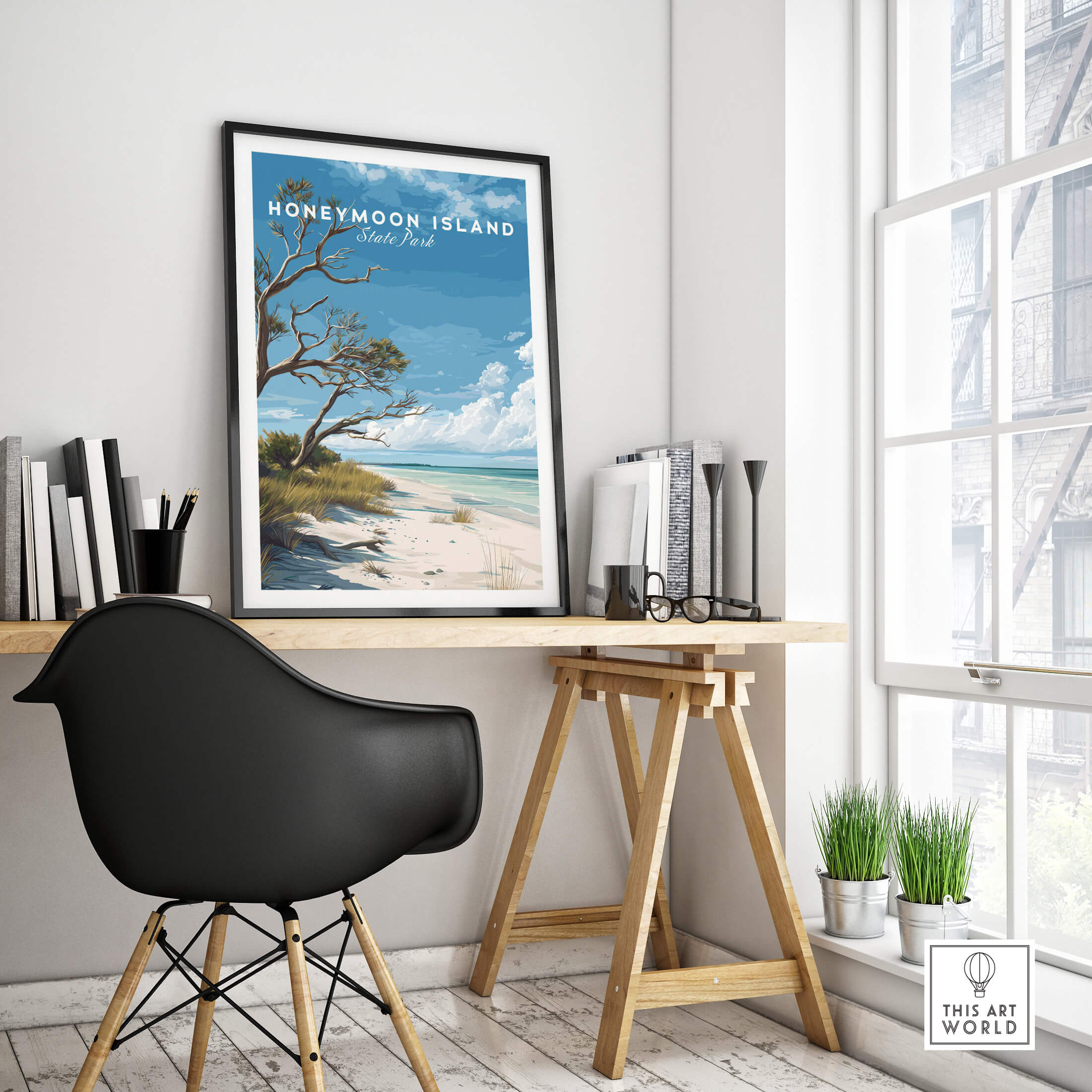 Honeymoon Island Wall Art Print | Florida Tropical Beach Travel Poster displayed in modern workspace.